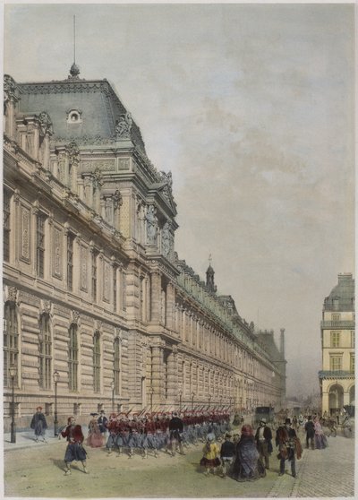 View of the new facade of the Louvre on rue de Rivoli, illustration from 